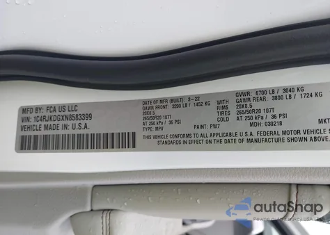 2022 Jeep Grand Cherokee L Overland 4X4 из США, поврежденный, VIN 1C4RJKDGXN8583399